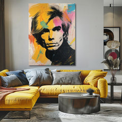 Модерна картина на платно с мотив Andy Warhol - Farby popovej revolúcie, коса в черно-жълто нюанси, енергична атмосфера | Картина Andy Warhol - Farby popovej revolúcie – продукт, изглед 2