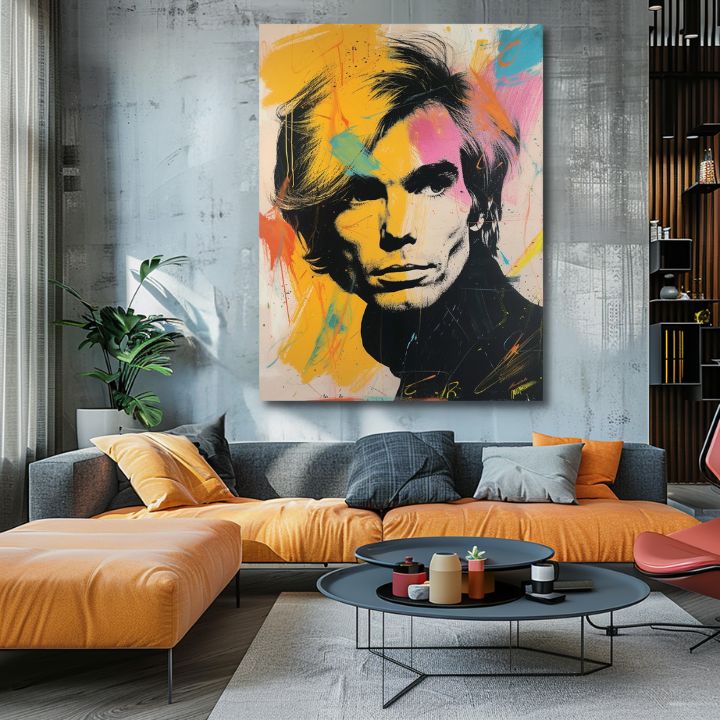 Модерна картина на платно с мотив Andy Warhol - Farby popovej revolúcie, коса в черно-жълто нюанси, енергична атмосфера | Картина Andy Warhol - Farby popovej revolúcie – продукт