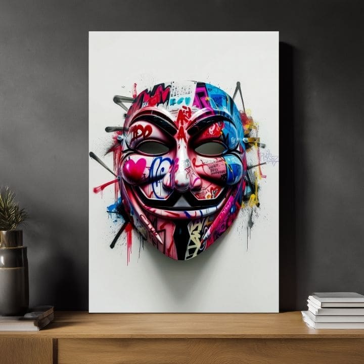 Модерна картина на платно с мотив Anonymous Mask в бяло-черно нюанси, енергична атмосфера | Картина Anonymous Mask – продукт