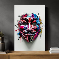 Модерна картина на платно с мотив Anonymous Mask в бяло-черно нюанси, енергична атмосфера | Картина Anonymous Mask – продукт