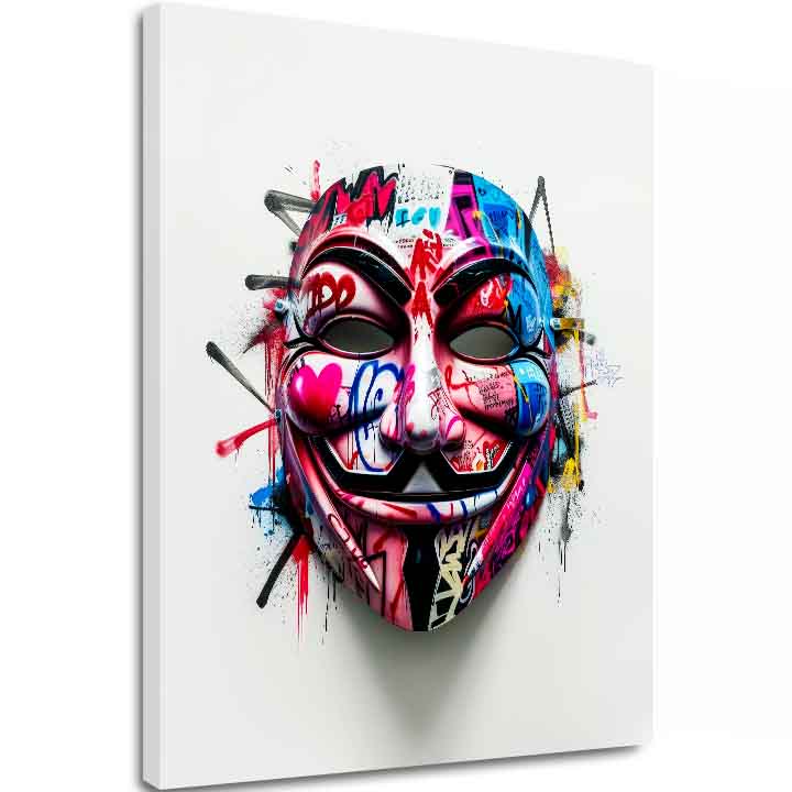 Модерна картина на платно с мотив Anonymous Mask в бяло-черно нюанси, енергична атмосфера | Картина Anonymous Mask – основна