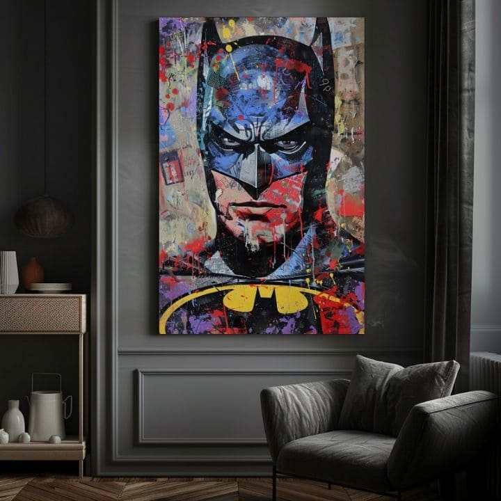 Модерна картина на платно с мотив Batman: Temný strážca в черно-синьо нюанси, интензивна атмосфера | Картина Batman: Temný strážca – продукт, изглед 2