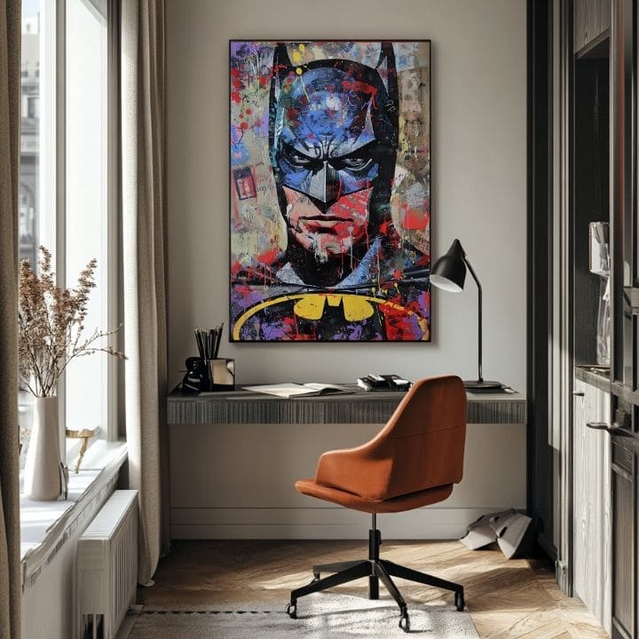 Модерна картина на платно с мотив Batman: Temný strážca в черно-синьо нюанси, интензивна атмосфера | Картина Batman: Temný strážca – продукт