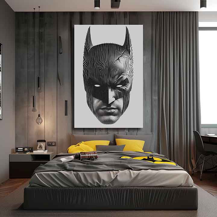 Модерна картина на платно с мотив Batman: Hlava spravodlivosti, маска в черно-бяло нюанси, интензивна атмосфера | Картина Batman: Hlava spravodlivosti – продукт