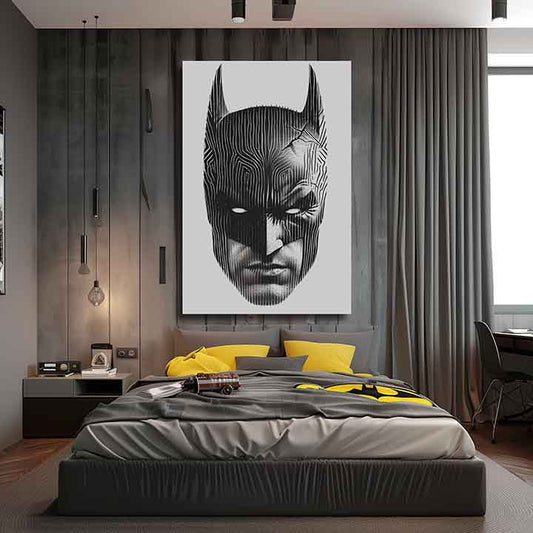 Модерна картина на платно с мотив Batman: Hlava spravodlivosti, маска в черно-бяло нюанси, интензивна атмосфера | Картина Batman: Hlava spravodlivosti – продукт
