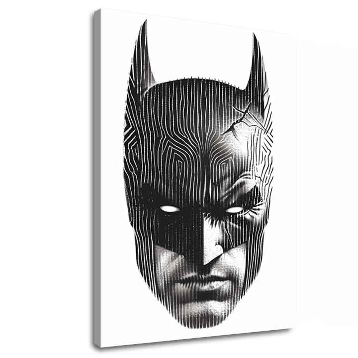 Модерна картина на платно с мотив Batman: Hlava spravodlivosti, маска в черно-бяло нюанси, интензивна атмосфера | Картина Batman: Hlava spravodlivosti – основна