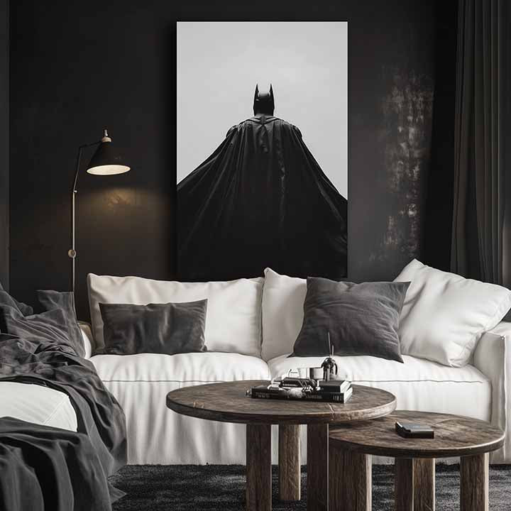 Модерна картина на платно с мотив Batman: Strážca noci в черно-бяло нюанси, драматична атмосфера, самота и сила и мощ | Картина Batman: Strážca noci – продукт