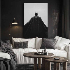 Модерна картина на платно с мотив Batman: Strážca noci в черно-бяло нюанси, драматична атмосфера, самота и сила и мощ | Картина Batman: Strážca noci – продукт