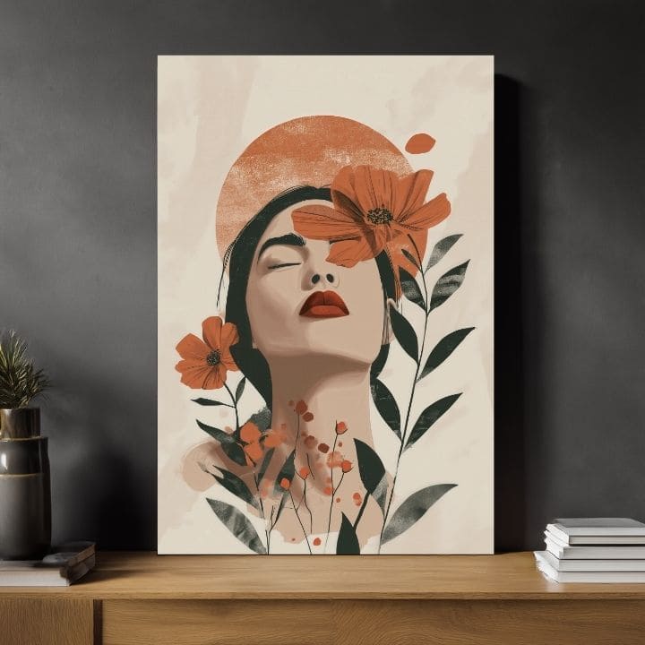 Модерна картина на платно с мотив Blooming Soul, цветя, слънце, листа в кремаво-оранжево нюанси, спокойна атмосфера, природа и красота | Картина Blooming Soul – продукт
