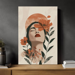 Модерна картина на платно с мотив Blooming Soul, цветя, слънце, листа в кремаво-оранжево нюанси, спокойна атмосфера, природа и красота | Картина Blooming Soul – продукт