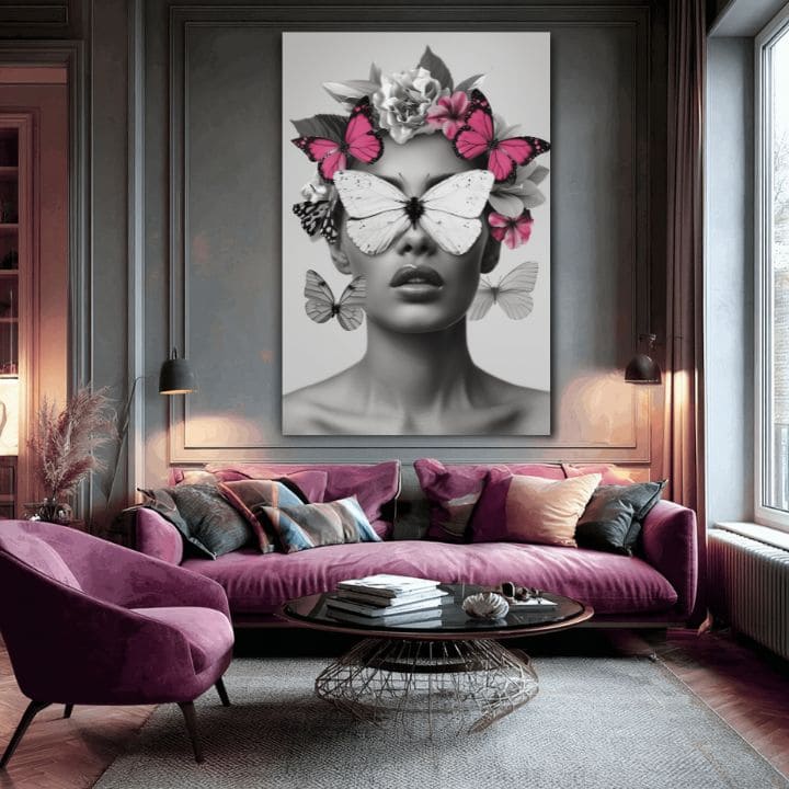 Модерна картина на платно с мотив Butterfly Vision, пеперуди, цветя в бяло-черно нюанси, етерична атмосфера, красота и мечти | Картина Butterfly Vision – продукт, изглед 2