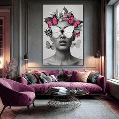 Модерна картина на платно с мотив Butterfly Vision, пеперуди, цветя в бяло-черно нюанси, етерична атмосфера, красота и мечти | Картина Butterfly Vision – продукт, изглед 2