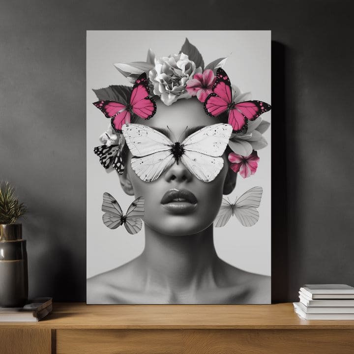 Модерна картина на платно с мотив Butterfly Vision, пеперуди, цветя в бяло-черно нюанси, етерична атмосфера, красота и мечти | Картина Butterfly Vision – продукт