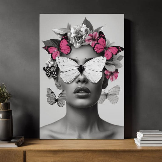 Модерна картина на платно с мотив Butterfly Vision, пеперуди, цветя в бяло-черно нюанси, етерична атмосфера, красота и мечти | Картина Butterfly Vision – продукт
