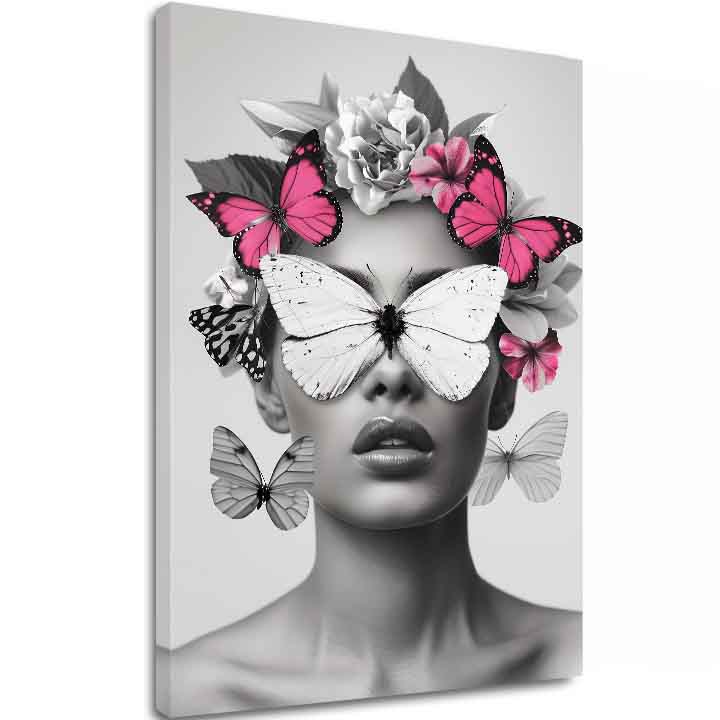 Модерна картина на платно с мотив Butterfly Vision, пеперуди, цветя в бяло-черно нюанси, етерична атмосфера, красота и мечти | Картина Butterfly Vision – основна