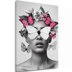Модерна картина на платно с мотив Butterfly Vision, пеперуди, цветя в бяло-черно нюанси, етерична атмосфера, красота и мечти | Картина Butterfly Vision – основна