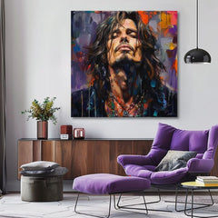 Модерна картина на платно с мотив Chris Cornell - Hlas grunge scény в виолетово-оранжево нюанси, рок енд рол | Картина Chris Cornell - Hlas grunge scény – продукт