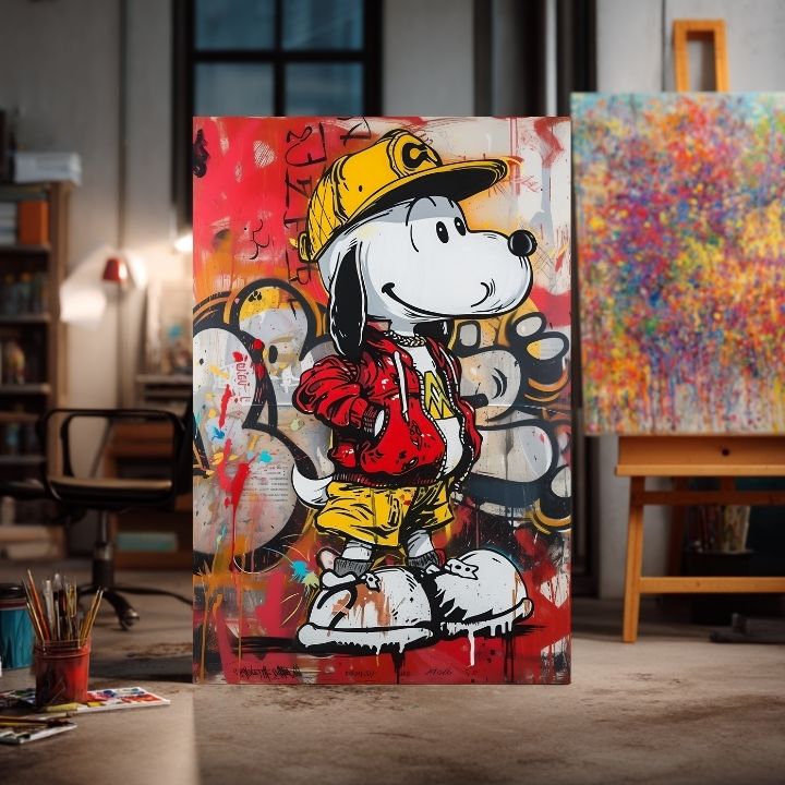 Модерна картина на платно с мотив Cool Snoopy na платно в червено-жълто нюанси, енергична атмосфера, поп култура и градски живот | Картина Cool Snoopy na платно – продукт, изглед 2