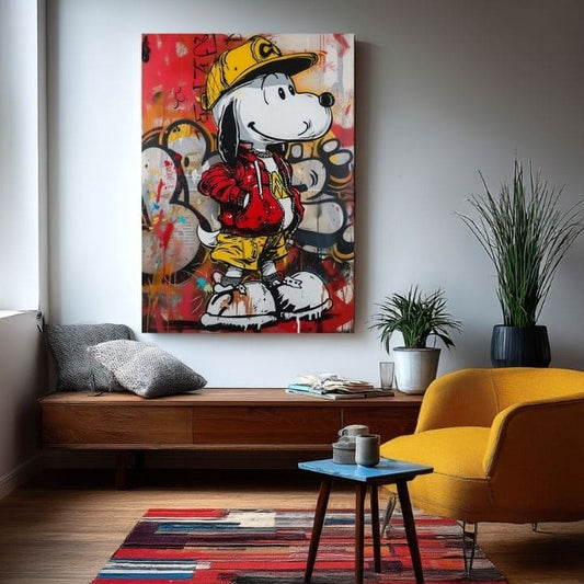 Модерна картина на платно с мотив Cool Snoopy na платно в червено-жълто нюанси, енергична атмосфера, поп култура и градски живот | Картина Cool Snoopy na платно – продукт