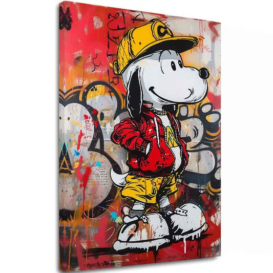 Модерна картина на платно с мотив Cool Snoopy na платно в червено-жълто нюанси, енергична атмосфера, поп култура и градски живот | Картина Cool Snoopy na платно – основна