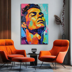 Модерна картина на платно с мотив Cristiano Ronaldo - Energia víťaza в оранжево-виолетово нюанси, енергична атмосфера, слава | Картина Cristiano Ronaldo - Energia víťaza – продукт, изглед 2