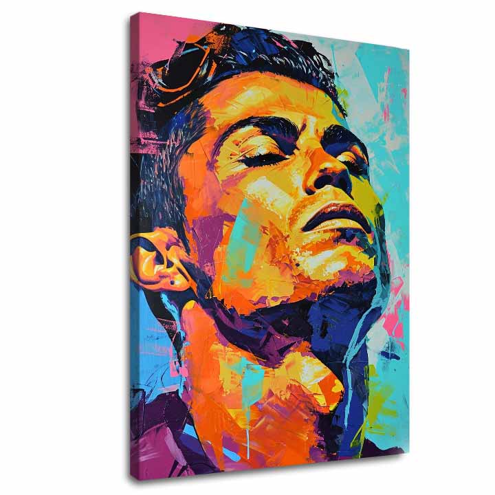 Модерна картина на платно с мотив Cristiano Ronaldo - Energia víťaza в оранжево-виолетово нюанси, енергична атмосфера, слава | Картина Cristiano Ronaldo - Energia víťaza – основна