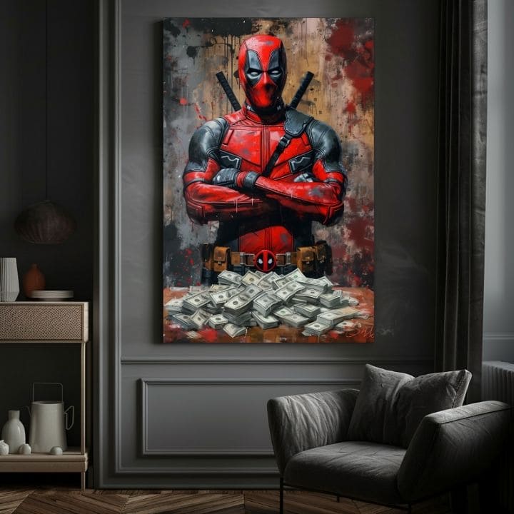 Модерна картина на платно с мотив Deadpool: Peniaze и chaos в черно нюанси | Картина Deadpool: Peniaze и chaos, стенна декорация – продукт, изглед 2