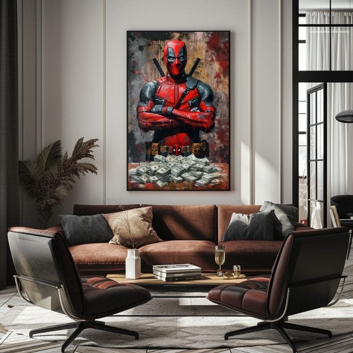 Модерна картина на платно с мотив Deadpool: Peniaze и chaos в черно нюанси | Картина Deadpool: Peniaze и chaos, стенна декорация – продукт, изглед 3