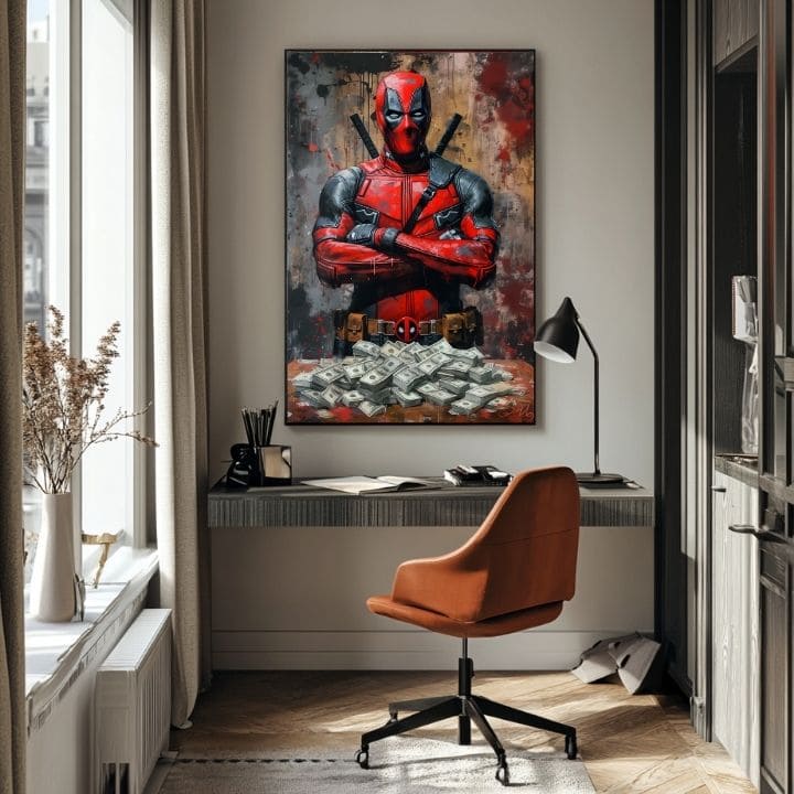 Модерна картина на платно с мотив Deadpool: Peniaze и chaos в черно нюанси | Картина Deadpool: Peniaze и chaos, стенна декорация – продукт, изглед 5