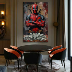 Модерна картина на платно с мотив Deadpool: Peniaze и chaos в черно нюанси | Картина Deadpool: Peniaze и chaos, стенна декорация – продукт