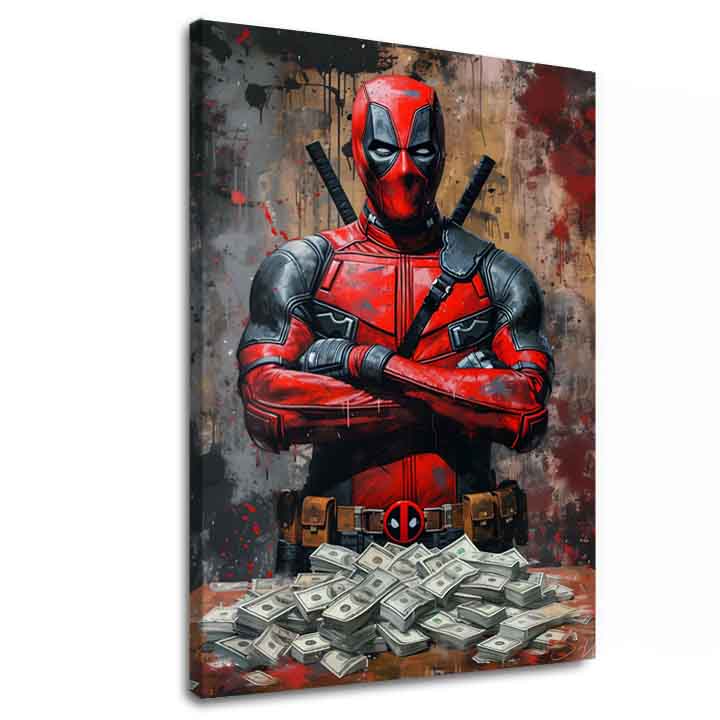 Модерна картина на платно с мотив Deadpool: Peniaze и chaos в черно нюанси | Картина Deadpool: Peniaze и chaos, стенна декорация – основна