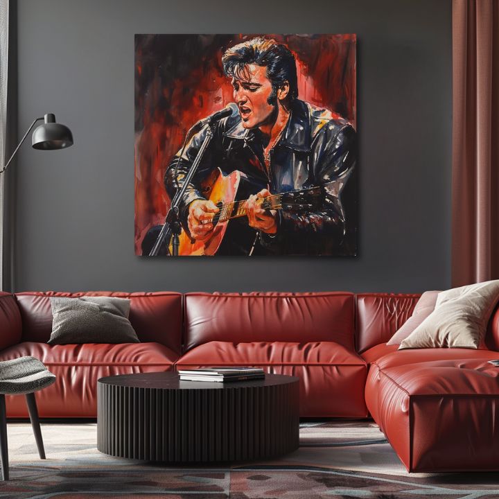 Модерна картина на платно с мотив Elvis Presley - Ikona na pódiu, китара, микрофон в черно-червено нюанси, страстна атмосфера | Картина Elvis Presley - Ikona na pódiu – продукт