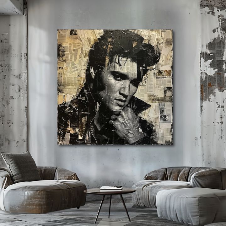 Модерна картина на платно с мотив Elvis Presley - Rockový génius в черно-бяло нюанси, носталгична атмосфера, музикална история и слава – продукт