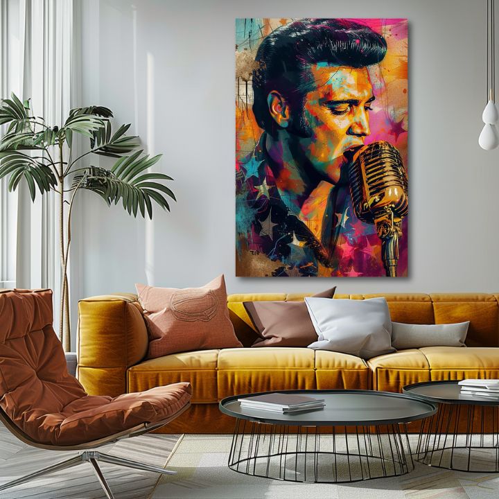 Модерна картина на платно с мотив Elvis Presley - Zlatý hlas rock’n’rollu, микрофон в оранжево-виолетово нюанси, енергична атмосфера | Картина Elvis Presley - Zlatý hlas rock’n’rollu – p..., изглед 2