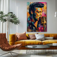Модерна картина на платно с мотив Elvis Presley - Zlatý hlas rock’n’rollu, микрофон в оранжево-виолетово нюанси, енергична атмосфера | Картина Elvis Presley - Zlatý hlas rock’n’rollu – p..., изглед 2