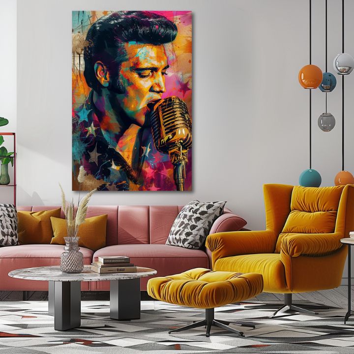 Модерна картина на платно с мотив Elvis Presley - Zlatý hlas rock’n’rollu, микрофон в оранжево-виолетово нюанси, енергична атмосфера | Картина Elvis Presley - Zlatý hlas rock’n’rollu – продукт