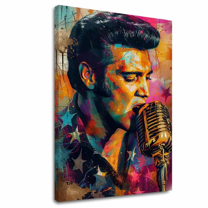 Модерна картина на платно с мотив Elvis Presley - Zlatý hlas rock’n’rollu, микрофон в оранжево-виолетово нюанси, енергична атмосфера | Картина Elvis Presley - Zlatý hlas rock’n’rollu – основна