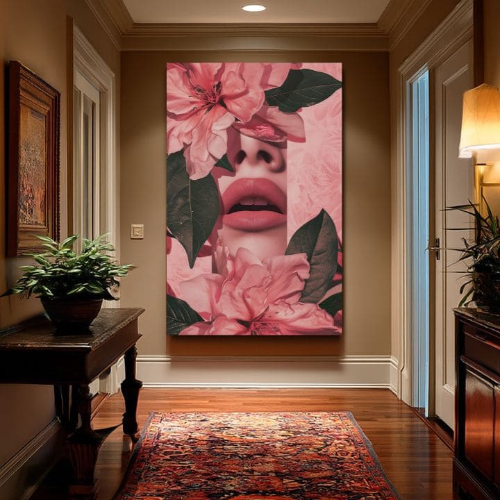 Модерна картина на платно с мотив Floral Lips в розово-зелено нюанси, романтична атмосфера, природа и красота | Картина Floral Lips – продукт, изглед 2