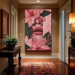 Модерна картина на платно с мотив Floral Lips в розово-зелено нюанси, романтична атмосфера, природа и красота | Картина Floral Lips – продукт, изглед 2