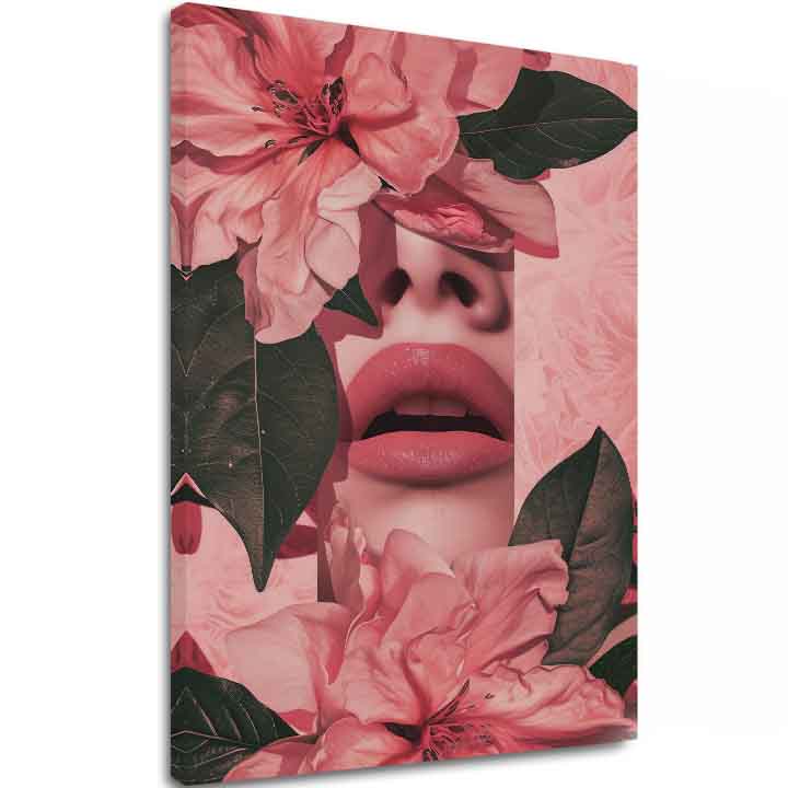 Модерна картина на платно с мотив Floral Lips в розово-зелено нюанси, романтична атмосфера, природа и красота | Картина Floral Lips – основна