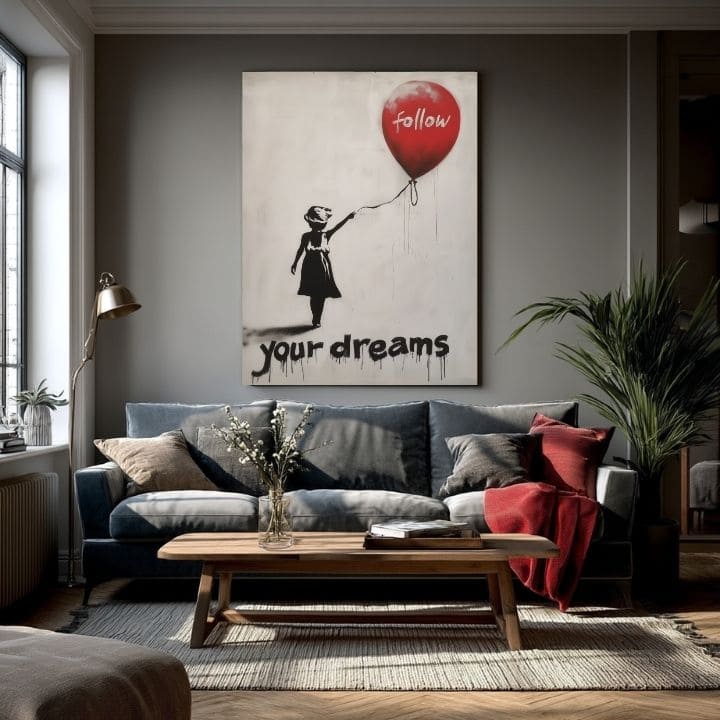 Модерна картина на платно с мотив Follow Your Dreams, балон в бяло-черно нюанси, мечти и nádej | Картина Follow Your Dreams – продукт [XOBWSPP030E1]
