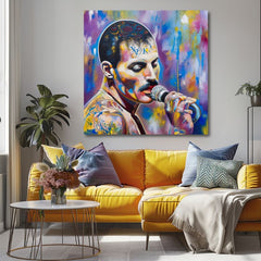 Модерна картина на платно с мотив Freddie Mercury - Legenda pod reflektormi, микрофон в виолетово-златно нюанси, енергична атмосфера | Картина Freddie Mercury - Legenda pod reflektormi – продукт