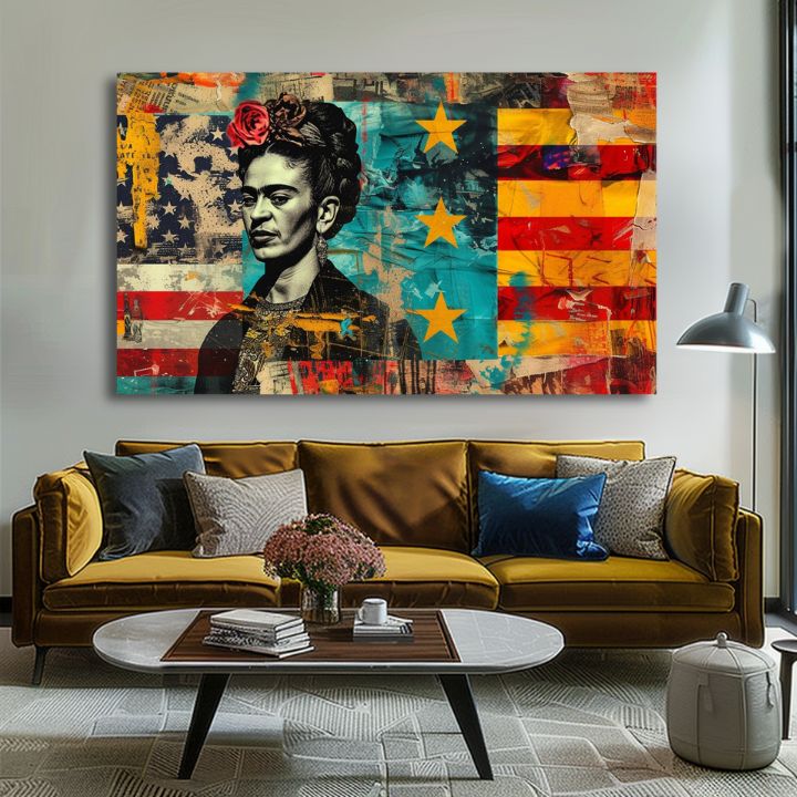 Модерна картина на платно с мотив Frida Kahlo - Kultúrny odkaz, цветя в червено-тюркоазено нюанси, смела атмосфера | Картина Frida Kahlo - Kultúrny odkaz – продукт, изглед 2