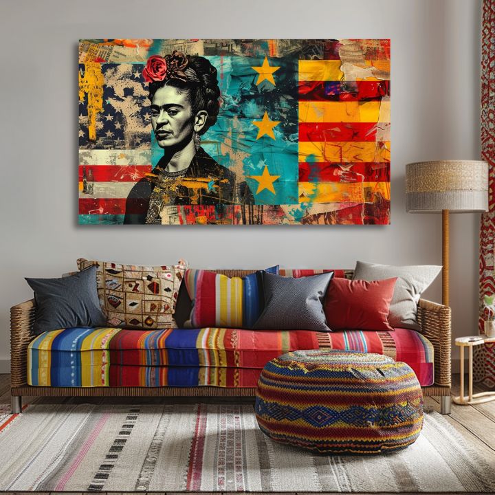 Модерна картина на платно с мотив Frida Kahlo - Kultúrny odkaz, цветя в червено-тюркоазено нюанси, смела атмосфера | Картина Frida Kahlo - Kultúrny odkaz – продукт