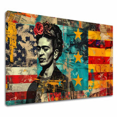 Модерна картина на платно с мотив Frida Kahlo - Kultúrny odkaz, цветя в червено-тюркоазено нюанси, смела атмосфера | Картина Frida Kahlo - Kultúrny odkaz – основна
