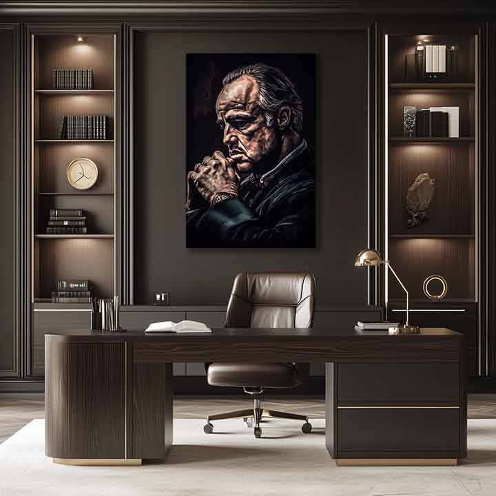 Модерна картина на платно с мотив Godfather: Moc и rešpekt в черно нюанси, мрачна атмосфера, сила и мощ и семейство | Картина Godfather: Moc и rešpekt – продукт