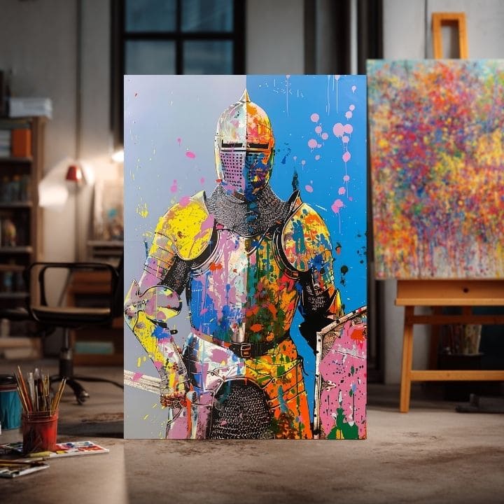 Модерна картина на платно с мотив Graffiti Knight, štít в жълто-оранжево нюанси, енергична атмосфера, сила | Картина Graffiti Knight – продукт, изглед 2