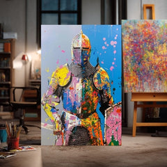Модерна картина на платно с мотив Graffiti Knight, štít в жълто-оранжево нюанси, енергична атмосфера, сила | Картина Graffiti Knight – продукт, изглед 2