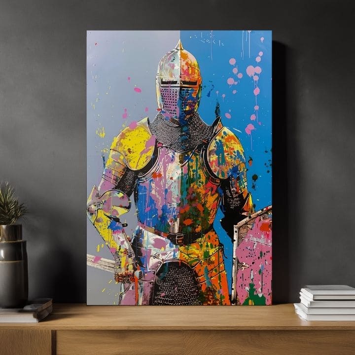 Модерна картина на платно с мотив Graffiti Knight, štít в жълто-оранжево нюанси, енергична атмосфера, сила | Картина Graffiti Knight – продукт