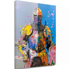 Модерна картина на платно с мотив Graffiti Knight, štít в жълто-оранжево нюанси, енергична атмосфера, сила | Картина Graffiti Knight – основна